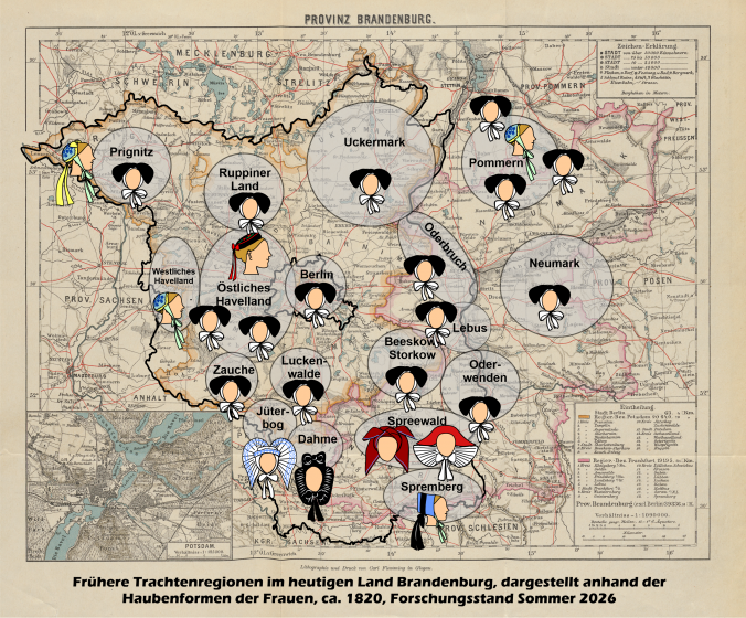 Karte der Trachtenregionen Brandenburgs mit regional unterschiedlichen Haubenformen