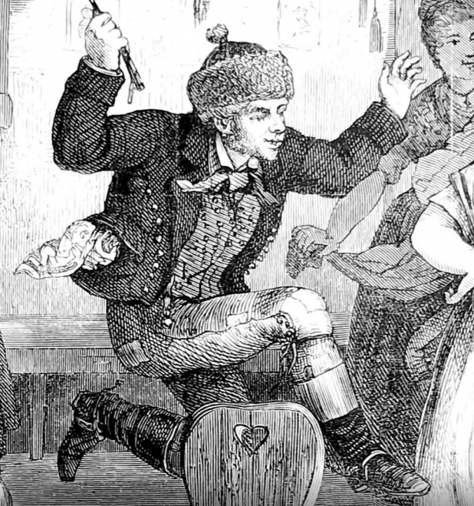 Tanzender Mann in historischer Tracht des Ruppiner Landes mit Kniehose, Weste, Jacke und Pelzmütze