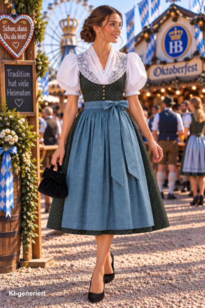 Märkisch inspiriertes Dirndl mit weißem Spitzenschultertuch und Puffärmeln